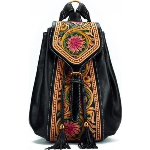 Womens Bag 2021 New leather Backpack High quality retro ethnic style handmade leather engraving backpack all-match shoulder bag