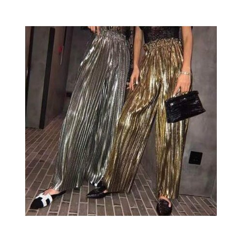 Retro Golden Silver Shiny Casual Long Pants 2021 Fashion Summer Womens Metal High-Waisted Pleated Wide Leg Trousers