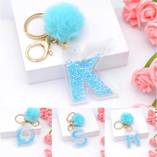 Women Letter Keychain Pompoms Key Chain For Car Keys Handbag Charms Blue Plush Sequins Keyring Girl Gift Jewelry Ornaments
