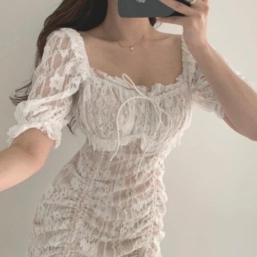 IAMSURE Sexy Lace Dress Women 2021 Night Club Wear Vintage Square Collar See Through Short Sleeve Drawstring Mini Dresses Casual