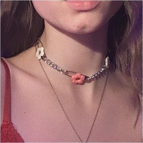 Pins Chain Necklace for Women Silver Punk Flowers Necklaces for Women Charm Choker Goth Kpop Gothic Fashion Jewelry Accessories