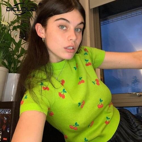 2021 Summer Sweet Cherry T Shirt Women Knitted Crop Tops Harajuku Fashion Skinny Tee Shirt Femme 90s Vintage Girls Cotton Tshirt