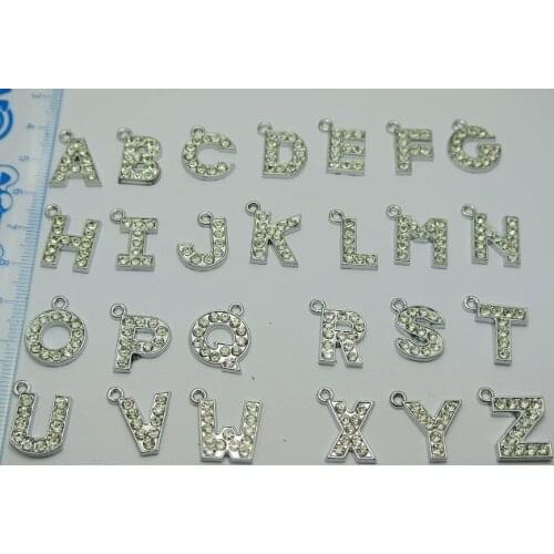 26 Mixed Silver Tone Alloy Rhinestone Alphabet Letter "A-Z" Charms Pendants