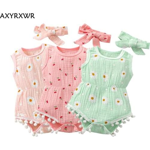 3 Colors Baby Girls Summer Cotton Linen Rompers Toddler Infant Girls Daisy Print Sleeveless Tassel Rompers Jumpsuits Headband