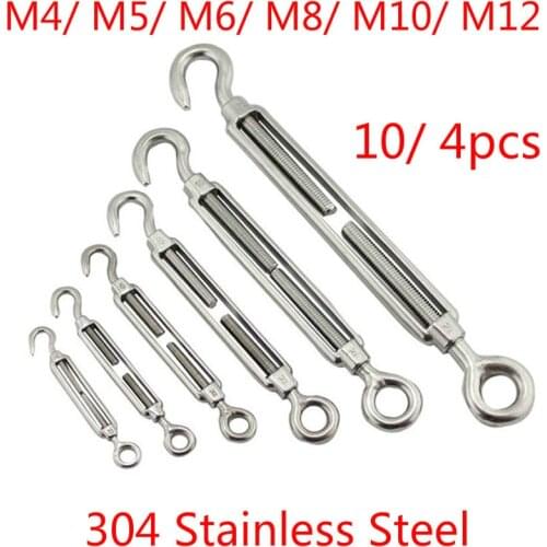 304 Stainless Steel M4 M5 M6 M8 M10 M12 Hook & eye Turnbuckle Wire Rope Tension Adjusting Chains Rigging 10/ 4/ 2pcs