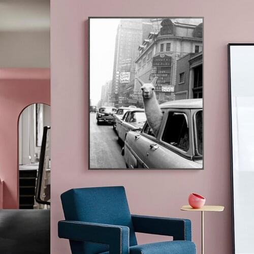 Alpaca In A New York City Taxi Nordic Canvas Paintings Posters and Prints Animal Wall Art for Living Room Home Decor
