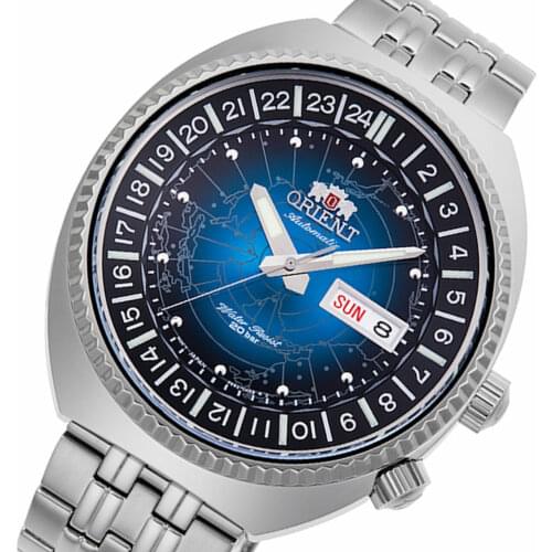 Orient Revival World Map Automatic watch RA-AA0E03L blue dial 43.5mm strap steel 200m water resist