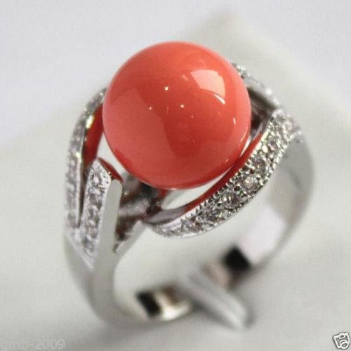 Free shipping >>>>>>12mm Real Coral Pink South Sea Shell Pearl Ring Size 6/7/8/9 AAA Grade