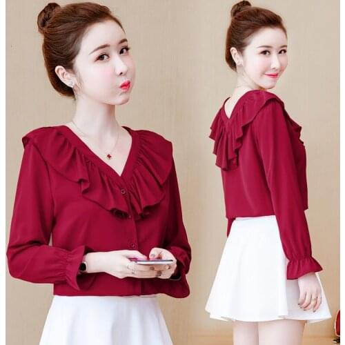 Plus Size Shirts Women V neck Ruffle Top Female Elegant Vintage Puff Sleeves Chiffon Button Up Shirt Blouse Ladies Clothing