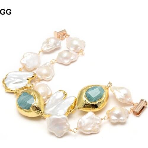GuaiGuai Jewelry Natural Cultured White Flower Keshi Pearl Green Amazonites Gold Color Plated Nugget Slice Bracelet For Women