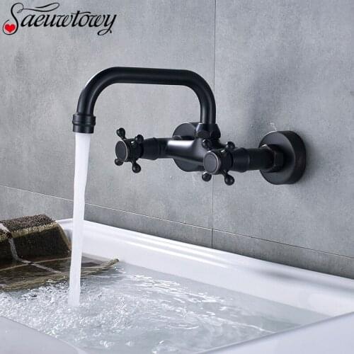 Oil Rubbed Bronze Bathroom Basin Faucet Wall Mounted 360 Degree Rotation Sink Tap Hot and Cold Water Mixer Faucet
