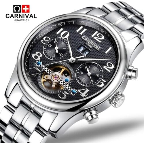Carnival tourbillon waterproof Watch Men Stainless steel Sapphire Automatic Mechanical black leather Watch relogio masculine