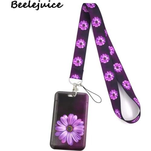 Purple Flowers Credit Card ID Holder Bag Student Women Travel Card Cover Badge Gifts Accessories Work Name Card Holder