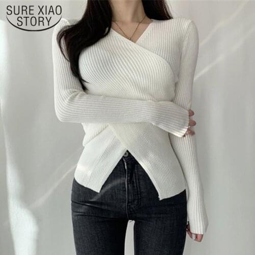 Elegant Elastic Cotton Long Sleeve Tops Gentle Sexy Deep V Neck Sweater Women Pullover Casual Cross Slim Bottoming Sweater 17044
