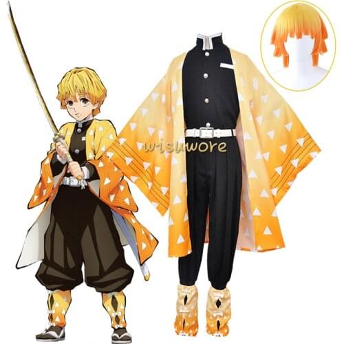 Anime Cosplay Kimetsu No Yaiba Demon Slayer Agatsuma Zenitsu Cosplay Costume Kimono Uniform Halloween Outfit and Wig