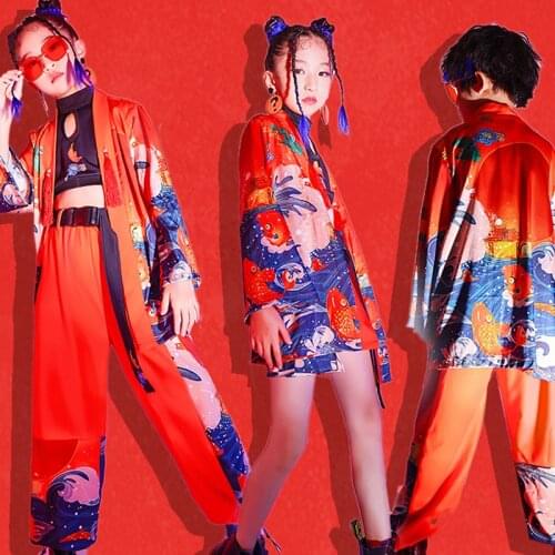Girls Hip Hop Costume Kids Retro Set Chinese Style Red Coat Pants Catwalk Boys Street Dance Clothes Stage Show Wear DNV14005
