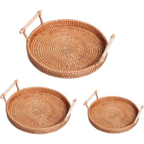Handmade Rattan Woven Round Storage Tray With Handle Snack Fruit Serving Tray For Hotel Bread Plate Tea Tray Photo Props