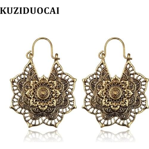 Kuziduocai New Fashion Jewelry Vintage Metal Engrave Flowers Statement Drop Earrings For Women Brincos oorbellen kolczyki E-1971