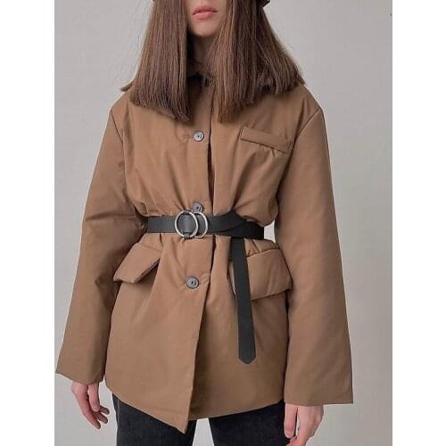 Trendy Casual Turn Down Collar Parkas Women Vogue Pockets Coats Women Elegant Single Breasted Cotton Jackets Female Ladies