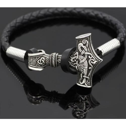 Thor Hammer Mjolnir Viking Amulet Hammer Scandinavian Leather Bracelet with Viking Gift Bag