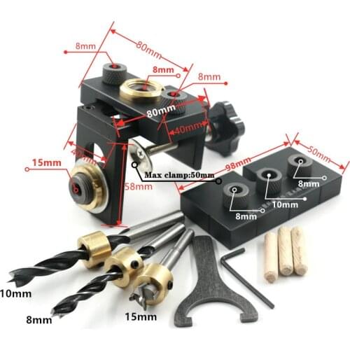 Adjustable Wood Doweling Jig Pocket Hole Drilling Locator Jig Kit with 8/10mm Drill Bit Vertical Drill Guide Hole Puncher Tools