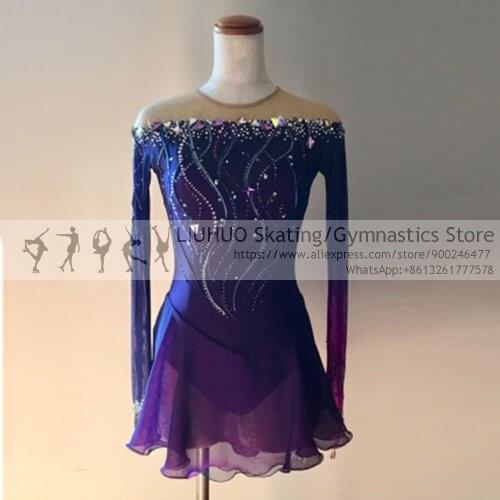 Figure Skating Dress Womens Girls' Ice Skating Competition Dress Round neck long sleeve Purple Quality pattern