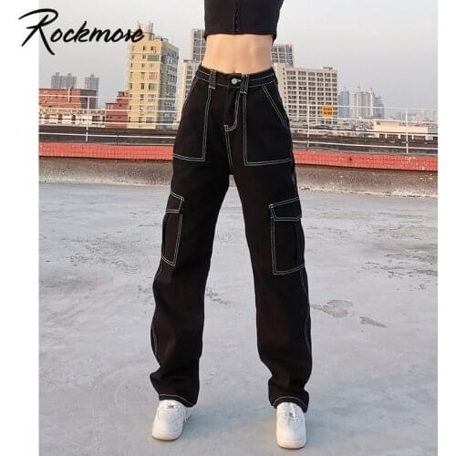 Rockmore Pockets Baggy Jeans 100% Cotton Straight Trouser Women Harajuku Denim Cargo Pants High Waist Korean Fashion Streetwear
