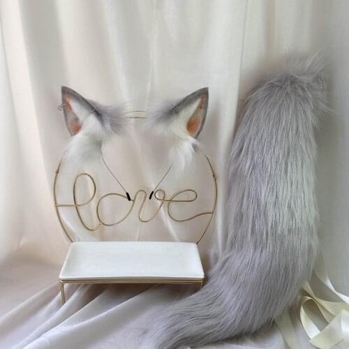 Sliver Gray Wolf Fox Dog Plush Beast Simulation Tail Wolf Ear Simulation Animal Tail Headband Cosplay Props Sweet Lolita K09