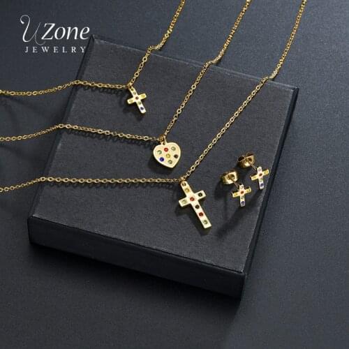 Uzone Multicolor Cubic Zirconia Jewelry Set Stainless Steel Cross & Heart Pendant Necklace Earring Sets For Women Girls Jewelry