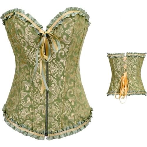 Green Sexy Corset Women Boned Corselet Embroidered Lace Up Bustiers Zipper on Front Overbust Shaper + G string S-2XL