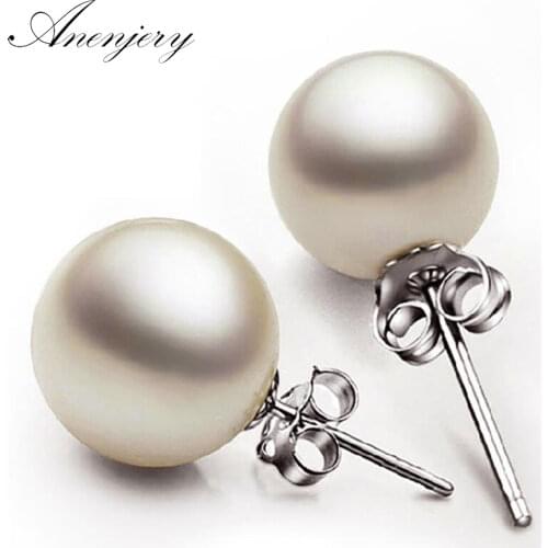 ANENJERY 925 Sterling Silver Classic Pearl Stud Earrings For Women boucle d'oreille femme oorbellen S-E39