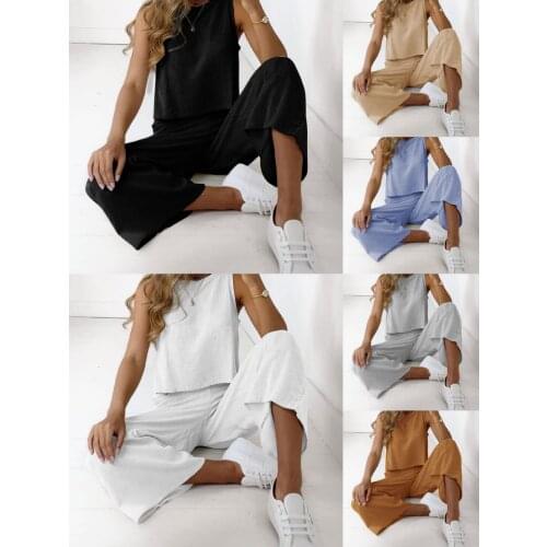 Spring Summer Women Cotton Linen Set Casual Sleeveless O-neck Shirt and Loose Pants Suits Spring Summer Solid Two Piece Sets 3XL
