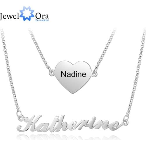 JewelOra 925 Sterling Silver/Copper Personalized Nameplate Necklaces for Women 2Pcs/Set Custom Name Heart Pendant Jewelry Gifts