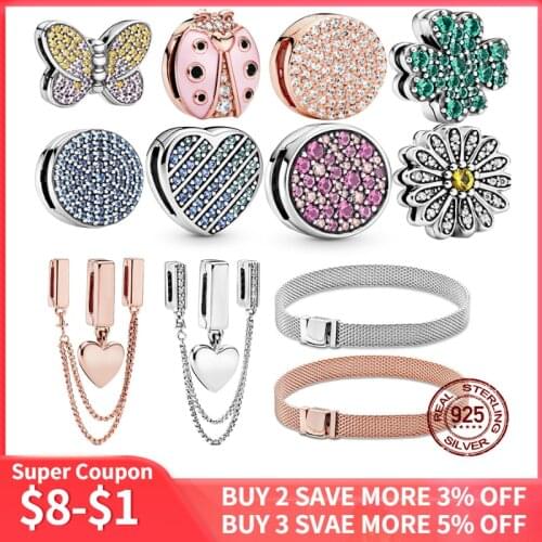 100% 925 Sterling Silver Timeless Sparkling Clip Charms ,fit Original 3mm Reflexions Bracelet Making Fashion DIY Jewelry