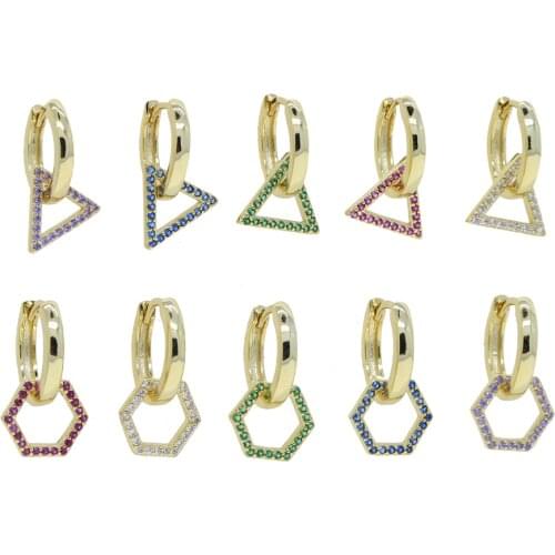 2021 New Gold Color Mini Rainbow Colorful CZ Geometry Hoop Earring Triangle Pentagon Micro Pave CZ Earring Fashion Women Jewelry
