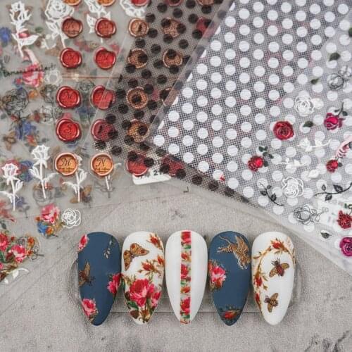 3D Engraved Nail Art Stickers Black and white Leaf Flower high quality Sticker Water Decals empaistic Nail Water Slide Decals