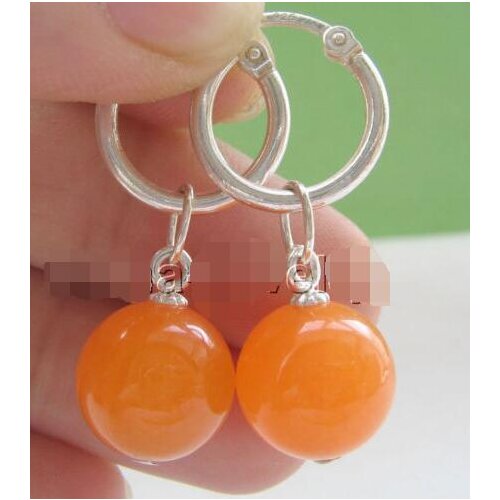 Free shipping >Beautiful 12mm 100% Natural stone perfect round orange * earring - silver hoop