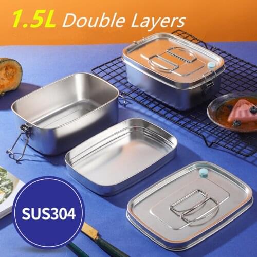 Large Capacity 1.5L Lunch Box 2 Layers 304 Stainless Steel Food Crisper Container Sealed Leakproof Adult Lunch Box with Handle