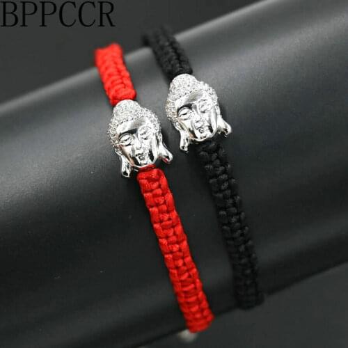BPPCCR 2pcs/set Couples Jewelry Copper Buddha Head Red Rope Thread String Braid Lucky Bracelets Women Lovers Shiny Silver Color