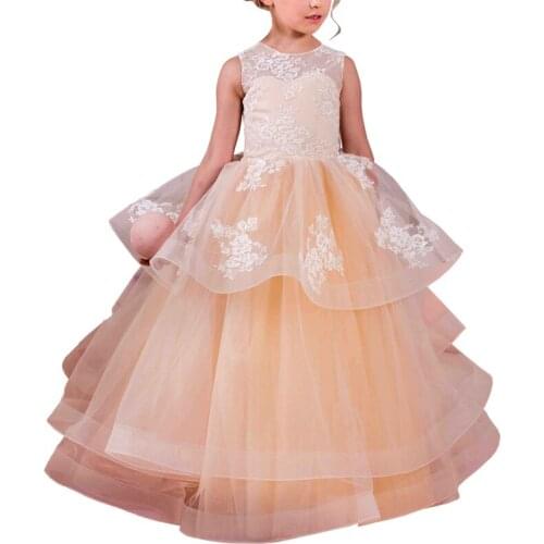 Long lace flower girls dresses organza kids ball gowns tulle party dresses for girls 2-12 years champagne flower girl dress