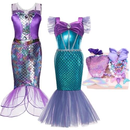 Girls Layered Princess Mermaid Dress Up Party Costume Scales Print Kids Jewelry Children Birthday Gift Fancy Dress