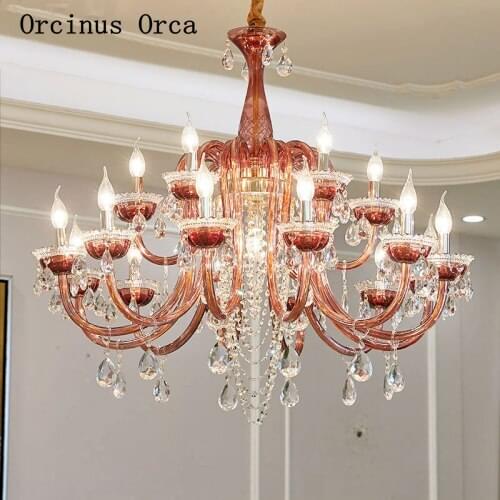 European Romantic Red Crystal Chandelier Living Room Dining Room French Luxury LED Colored Crystal Glass Chandelier
