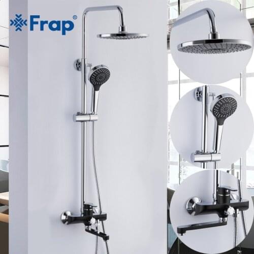 Frap Luxury Black Bathroom Shower Set Brass Chrome Wall Mounted Shower Faucets Stainless Steel Top Spray ABS Hand Shower F2442