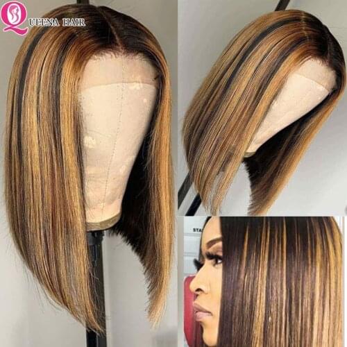Short Bob Blonde Highlight Wig Ombre 1B/99J Straight Highlighted Lace Front Human Hair Wigs 613 Bob Wig 180% Brazilian Hair Wig
