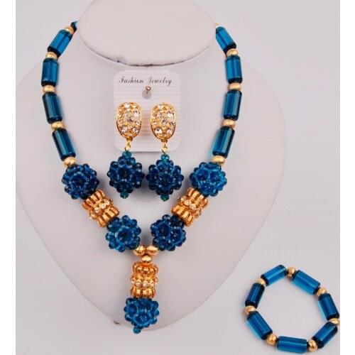 Fashion Navy Blue Nigerian Wedding African Beads Jewelry Set Crystal Costume Jewellery Necklace ZQ4-9