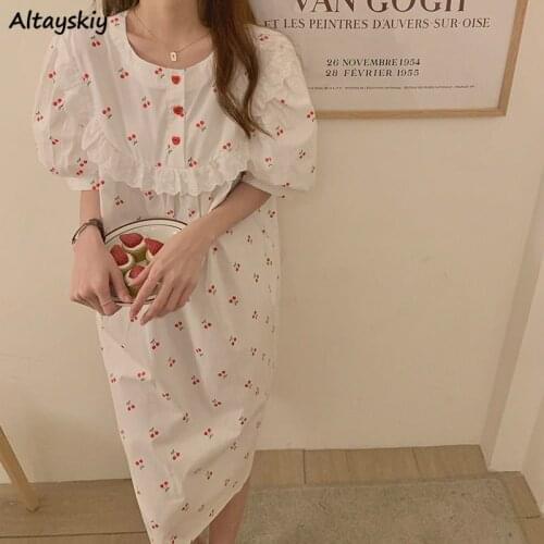 Nightgowns Women Kawaii Japanese Style Cute Print Lace Short Sleeve Summer Sleepwear Lovely O-neck Knee-length Female Nightwear