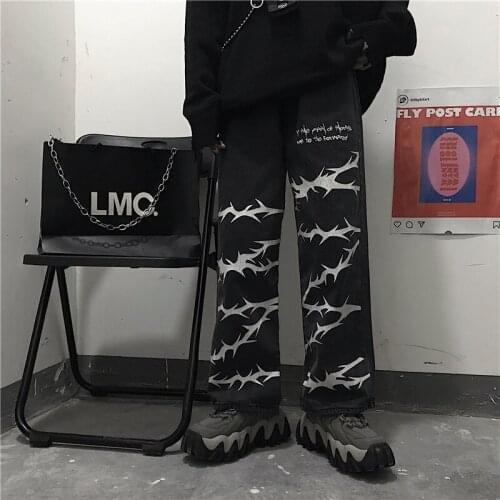 2021 New Autumn and Winter Ins Commuter Niche Tricky Printed Pants Straight Street Loose Washed Men and Women Wide-leg Jeans