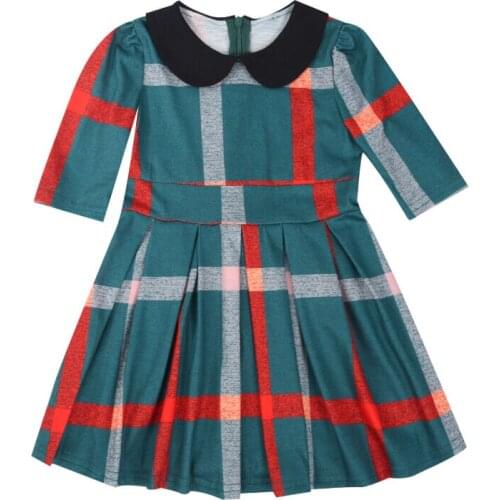 Family Matching Dress, Plaid Round Neck Elbow Sleeve One-Piece for Women Parent-Child Outfit, Green