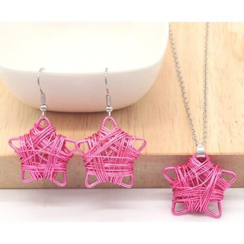 Pink Star Shape Drop Earrings and Necklace Set Handmade Winding Design Lady Women Jewelry Birthday Gift GS012
