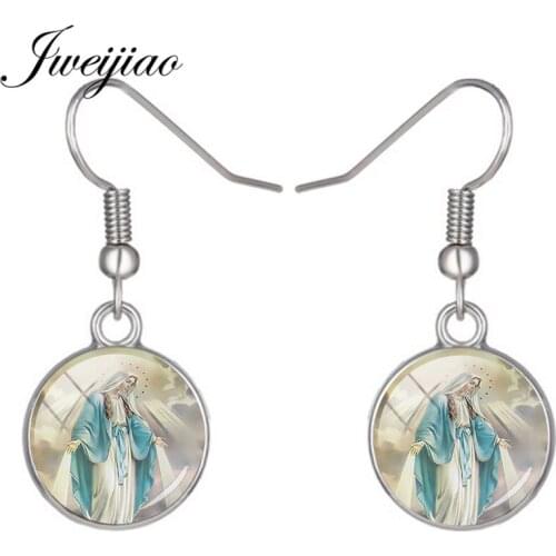 JWEIJIAO Virgin Mary Dangle Earrings The Feast of the Assumption Art Picture Glass Drop Earrings Catholic Religious Jewelry AS10